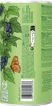 Tył 400g opakowania organicznego musli z czarną porzeczką, zielone tło z gałęzią i pomarańczowym motylem.