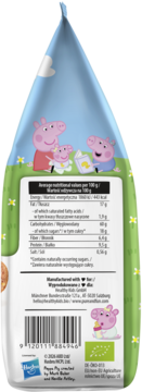 Tył opakowania organicznych ciasteczek Peppa Pig z owsem i wiśnią. Widoczne dane odżywcze, kod kreskowy i certyfikat bio.