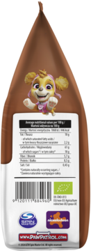 Tylne opakowanie organicznych ciastek Paw Patrol z orkiszem, bananem i kakao. Widoczna Skye i tabela wartości.