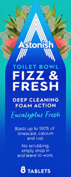 Astonish Toilet Bowl Fizz & Fresh Eucalyptus Fresh, 8 tabletek, niebieskie opakowanie z logo 'A' i roślinami.