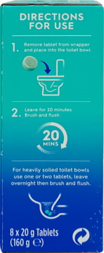 Tył opakowania tabletek Astonish do WC. Instrukcja: wrzuć tabletkę, odczekaj 20 min, szczotkuj, spłucz.