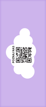 QR code do produktu musująca chmurka, na białej chmurze z napisem POZNAJ NAS, na fioletowym tle.