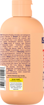 Brzoskwiniowy szampon do włosów kręconych, tył butelki z tekstem w wielu językach i ikoną recyklingu.