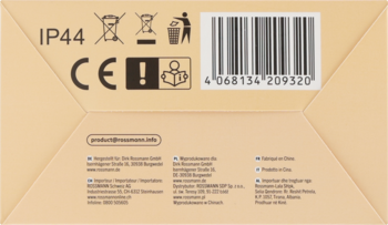Spód kartonowego opakowania z symbolami IP44, recyklingu, CE, kodem kreskowym i danymi producenta. Widok od dołu.