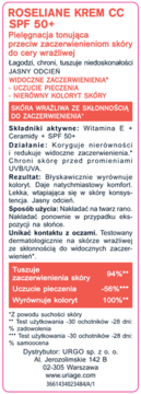 Etykieta ROSELIANE CC krem SPF 50+ na zaczerwienienia, z Vitaminą E i Ceramidy. Widok z bliska.