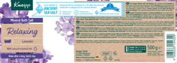 Tył opakowania soli Kneipp Relaxing Lavender z pradawną solą morską, 500g, szczegóły produktu i kod kreskowy.