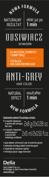 Pionowe opakowanie Delia Anti-Grey Hair Color, odsiwiacz do włosów czarnych i ciemnobrązowych, efekt 1 min.