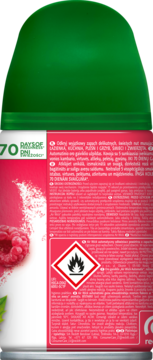 Tył wkładu Air Wick Freshmatic Musujące Rosè z Maliną, z widocznym tekstem, symbolem łatwopalności i 70 dniami zapachu.