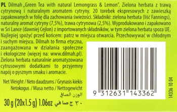 DILMAH All Natural Green Tea ,herbata zielona, z trawą cytrynową i naturalnym aromatem cytryny,prawa