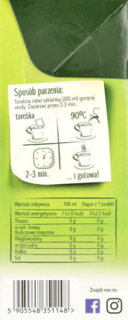 Tył opakowania herbaty Big-Active z graficznymi instrukcjami parzenia (90°C, 2-3 min) i tabelą wartości odżywczych.