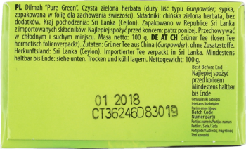 Tył zielonego opakowania herbaty Dilmah Pure Green Gunpowder z widoczną datą 01 2018 i kodem partii.