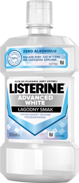 Listerine Advanced White płyn do ust 500ml, przezroczysta butelka z niebieską etykietą, bez alkoholu, widok z przodu.