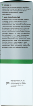 Tył białego opakowania dermokosmetyku Tołpa, opis działania wyszczuplającego i liftingującego z borowiną.