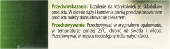 Zbliżenie na fragment zielonej etykiety suplementu Hepaslimin z polskim tekstem o przeciwwskazaniach i przechowywaniu.