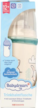 Bidon Babydream 12+ miesięcy z białą butelką, niebieskimi akcentami i motywem króliczków, widok z przodu.