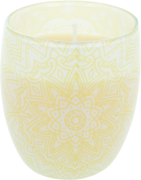 Domol Świeca zapachowa Wanilia, 150g, w jasnym, szklanym pojemniku z żółtym wzorem mandali, widok z przodu.