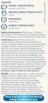 Tył opakowania Vibovit Uczeń tabletki do ssania, z opisem składników i wsparcia rozwoju dzieci.
