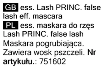 Fragment etykiety tuszu Essence Lash Princess False Lash Effect Mascara, czarny tekst PL/GB, nr 751602.