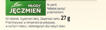 Młody Jęczmień, zielone opakowanie suplementu diety (60 tabletek, 27g), widok z przodu.