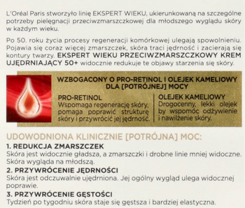 Tekst marketingowy L'Oréal Expert Wieku 50+ Krem Ujędrniający, z retinolem i olejkiem kameliowym, o potrójnej mocy.