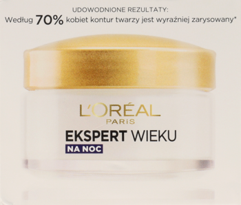L'Oréal Ekspert Wieku 60+ krem na noc w białym słoiczku ze złotą pokrywką, modeluje kontur twarzy, widok z przodu.
