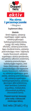 Doppelherz aktiv Na stres i przemęczenie + Magnez, pionowa etykieta suplementu diety ze składem, biało-niebieska.