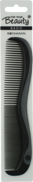 Czarny grzebień do włosów for your Beauty Basic Rossmann z wyprofilowaną rączką, w białym opakowaniu.