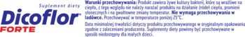 Dicoflor Forte, suplement diety, granatowo-czerwone logo, z tekstem o braku wymogu przechowywania w lodówce.