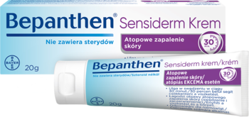 Bepanthen Sensiderm Krem 20g. Niebieskie pudełko i tubka na atopowe zapalenie skóry, bez sterydów.