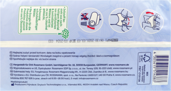 Tył opakowania pieluchomajtek facelle diskret M, z diagramami instrukcji użytkowania i danymi Rossmann.