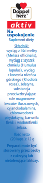 Doppelherz aktiv Na uspokojenie, suplement diety 20 kaps., białe opakowanie z czerwoną nazwą i niebieskim tekstem.
