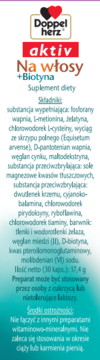 Doppelherz aktiv Na włosy + Biotyana suplement diety, biała etykieta z zielonym tłem, widok z przodu.
