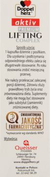 Białe prostokątne opakowanie Doppelherz aktiv Premium Lifting Complex, widok z przodu, z czarnymi i czerwonymi napisami.