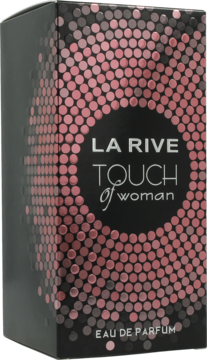 La Rive Touch of Woman woda perfumowana dla kobiet, czarne pudełko z wzorem różowych kropek, ujęcie pod kątem.