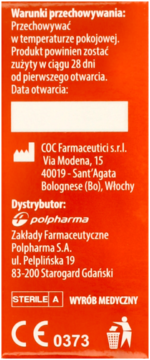 Pomarańczowy bok opakowania Starazolin Podrażnione Oczy z białym tekstem, instrukcjami przechowywania i danymi dystrybutora.