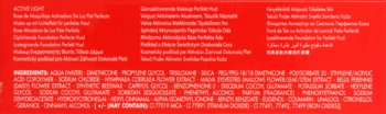 Tył czerwonego opakowania podkładu Active Light z białymi napisami, prezentujący składniki i opis produktu.