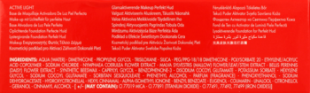 Tył czerwonego opakowania podkładu Active Light z białym tekstem, widoczna lista składników i opis produktu.