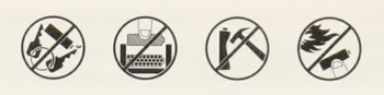 Four circular prohibition signs: no loud music, no typing or machinery, no hammering or tools, no sweeping or raking.