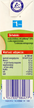 Tył kartonu soku HIPP BIO Jabłko od 1. roku, z tabelą wartości odżywczych i listą składników.