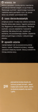 Opis na opakowaniu balsamu-żelu do zarostu, czarne tło, biały tekst o działaniu i aplikacji.