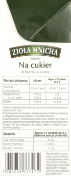 Zioła Mnicha Na cukier, tył opakowania z etykietą składników: morwa biała, cynamon, mniszek lekarski, kod EAN.
