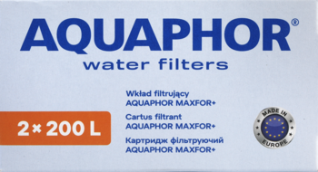 Białe opakowanie filtrów AQUAPHOR MAXFOR+ do wody, z napisem 2x200 L, widok z przodu.