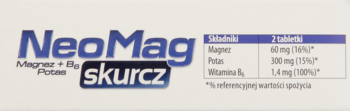 Białe opakowanie suplementu NeoMag skurcz na skurcze, z niebieskim napisem i tabelą składników, widok z przodu.