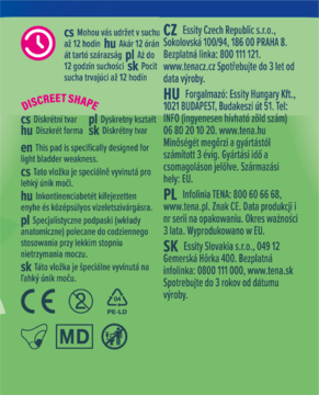 Tył zielonego opakowania Tena Discreet Shape, informacja o produkcie z białym tekstem i symbolami CE, MD.