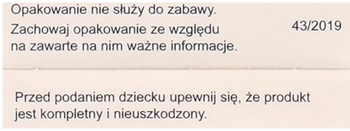 Polska etykieta produktu: ostrzeżenia o opakowaniu, numer 43/2019 i instrukcje przed podaniem dziecku.