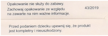 Fragment opakowania gry logicznej dla dzieci 5+ z polskimi ostrzeżeniami bezpieczeństwa i numerem 43/2019.