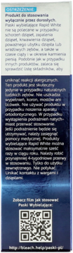 Bok opakowania pasków wybielających Rapid White, zawiera ostrzeżenia, instrukcje i QR kod w języku polskim.