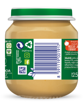 Tył słoiczka BoboVita Jabłka, Mango, Banany, 125g, dla niemowląt po 4. miesiącu, z zieloną etykietą.