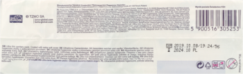 Tył opakowania ultracienkich podpasek higienicznych, z kodem kreskowym, drobnym tekstem i datą ważności.