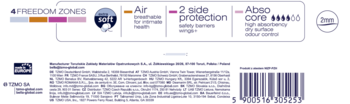 Tył opakowania ultracienkich podpasek higienicznych z opisem cech: 4 strefy, wentylacja, 2-stronna ochrona.